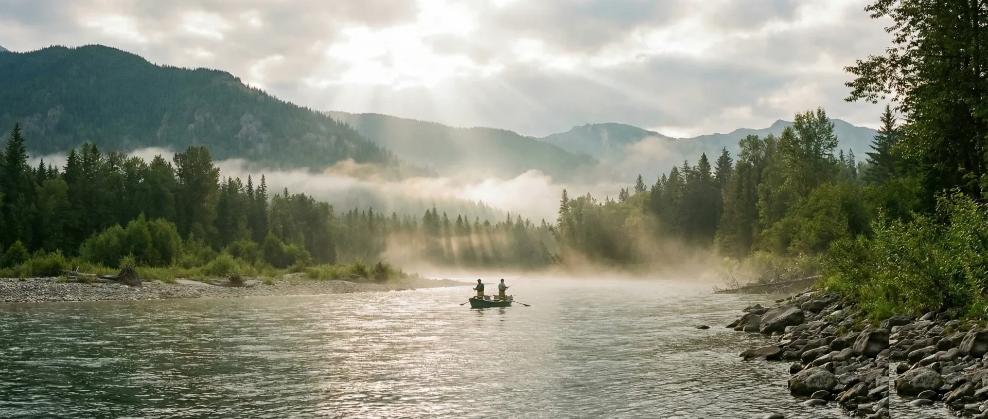 Drift boat anglers misty morning sun rays forest river BC