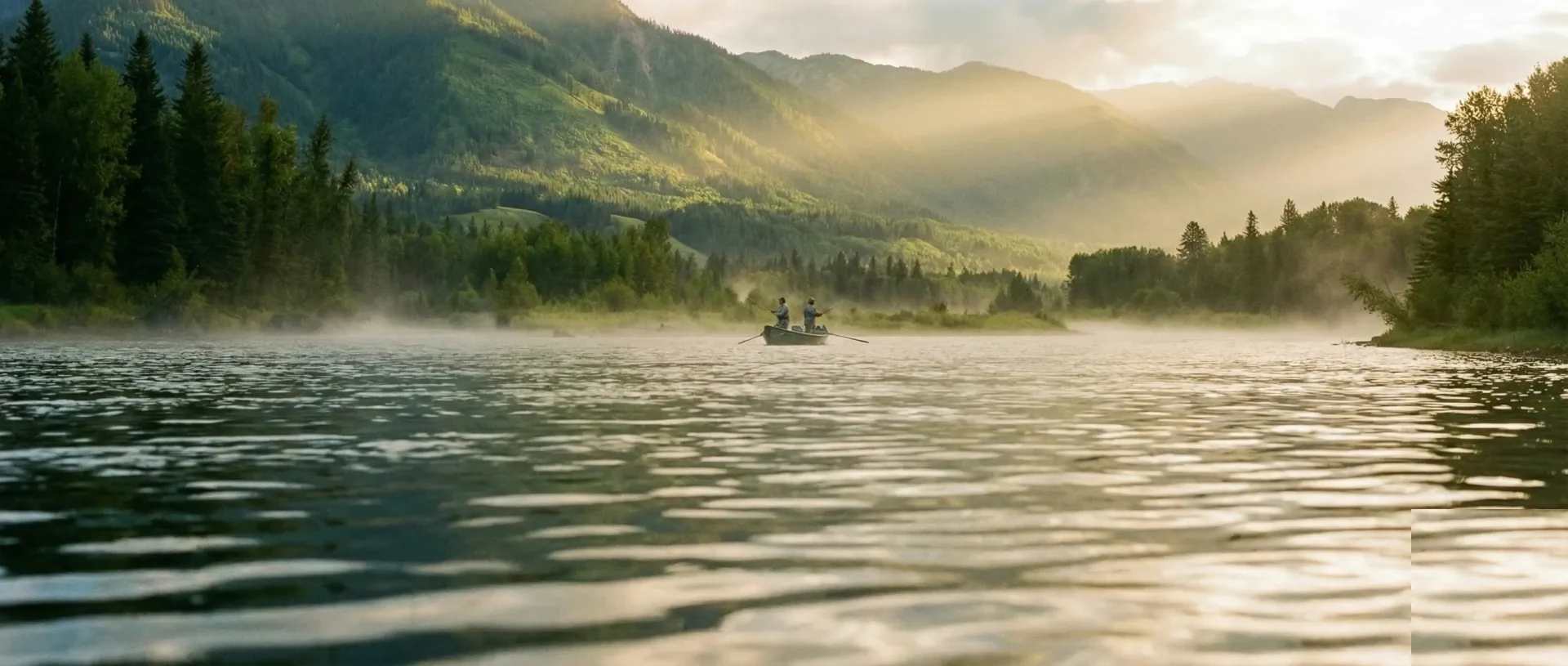 Drift boat anglers misty summer green mountain river BC