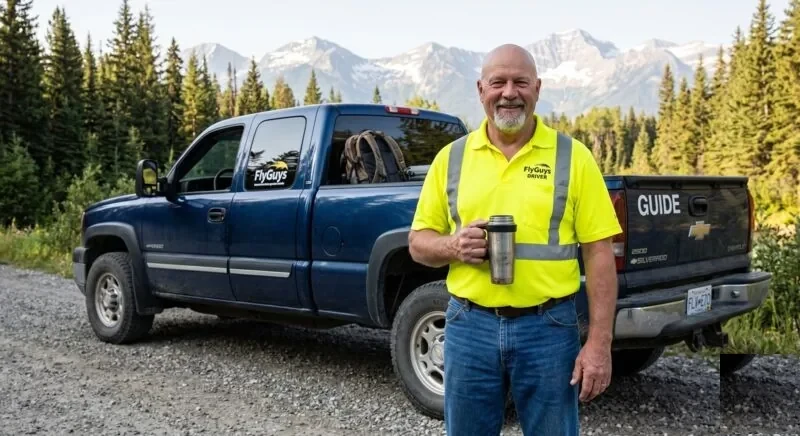 driver hi-vis by pickup truck