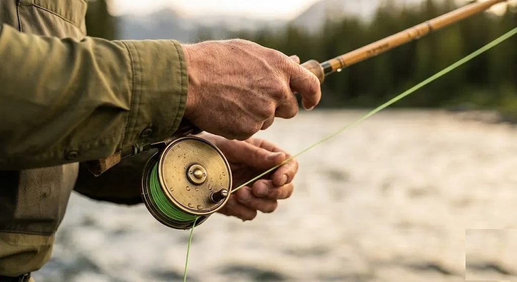 fly fishing reel close-up by the river