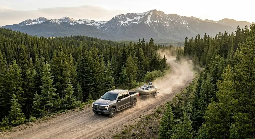 Truck towing boat mountain road BC